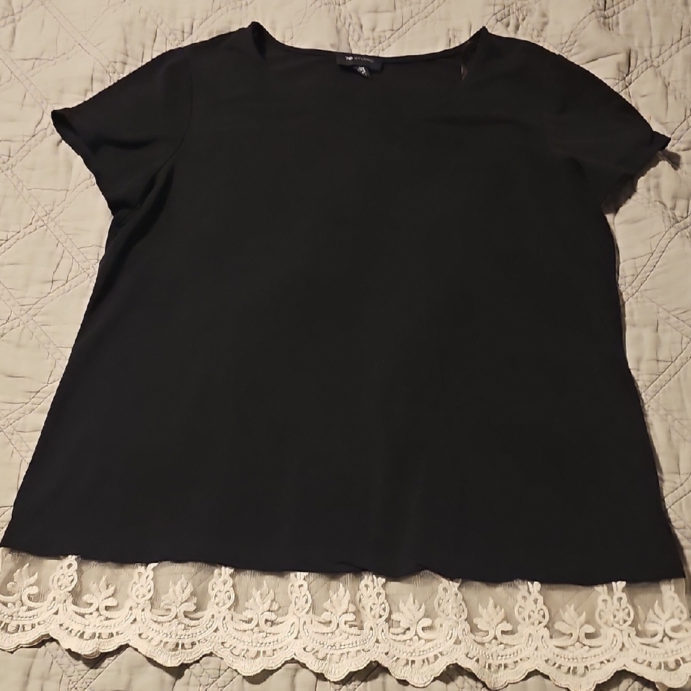 AB Studio Black Short Sleeve Top with Cream Lace Trim